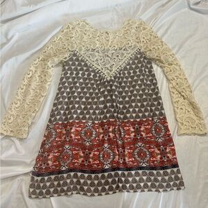 444 Blu Pepper Boho Lace Sleeve Mini Dress Large Cream Crochet Festival